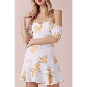 For Love & Lemons White Mini Dress with Yellow Lemon Print